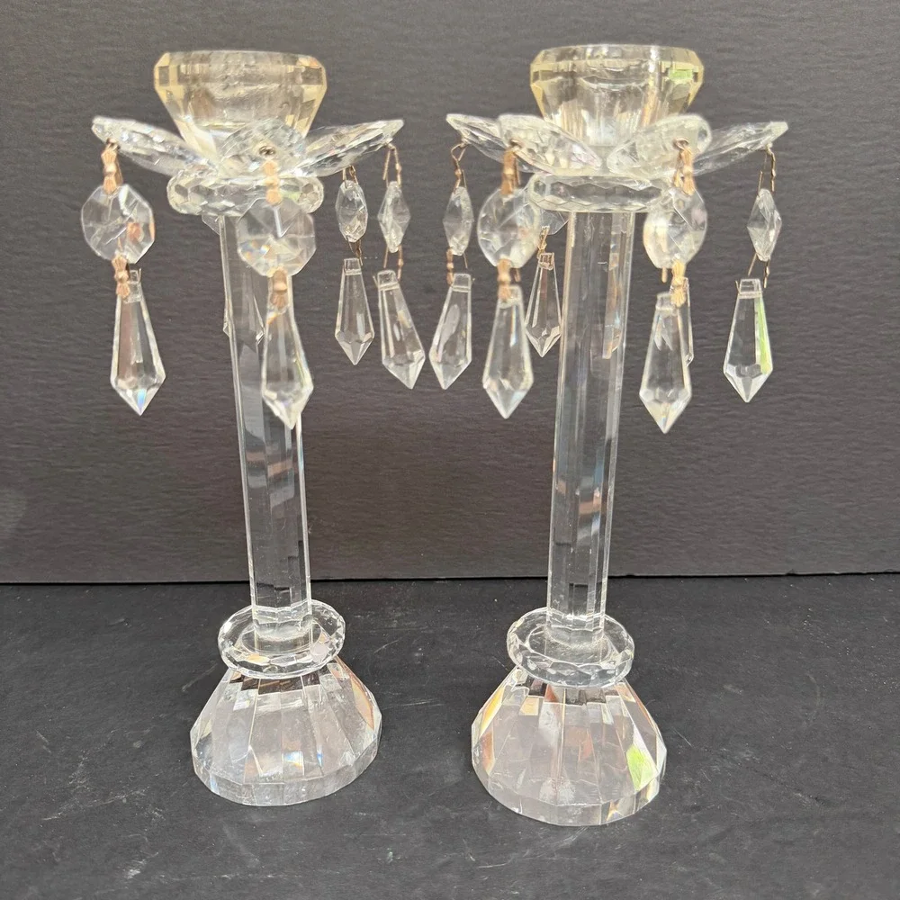Vintage Crystal Glass Candlestick Holders Set of 2 READ Prisms Hollywood Regency
